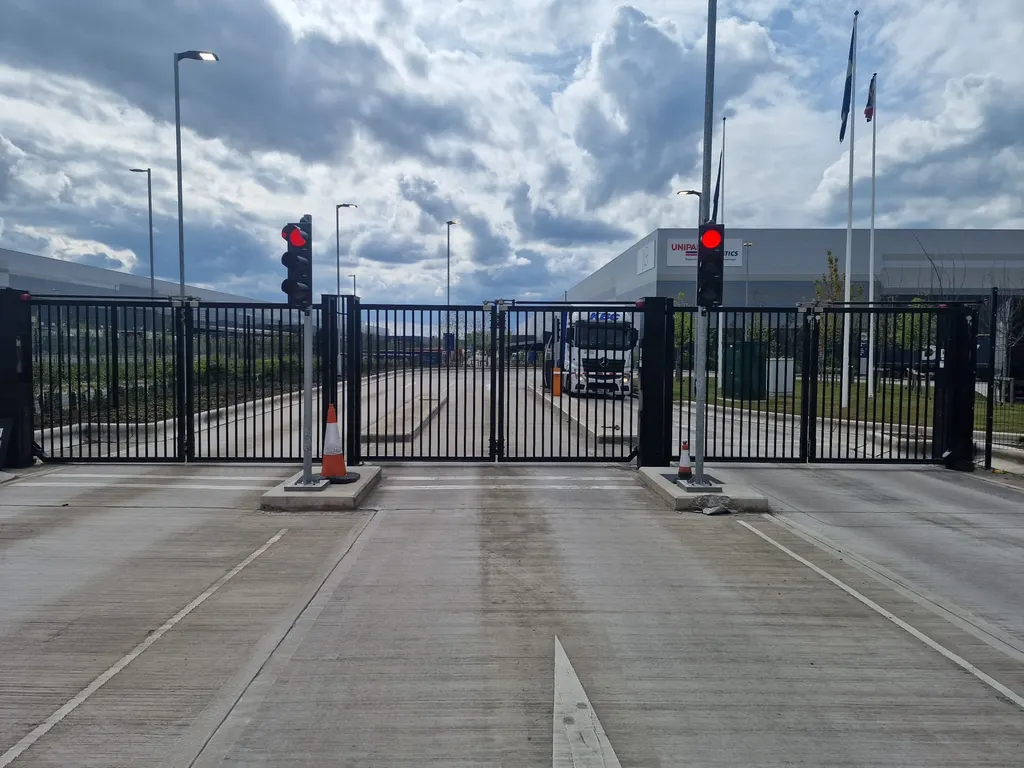 Tall bar gates with traffic-light control at a logistics site entrance